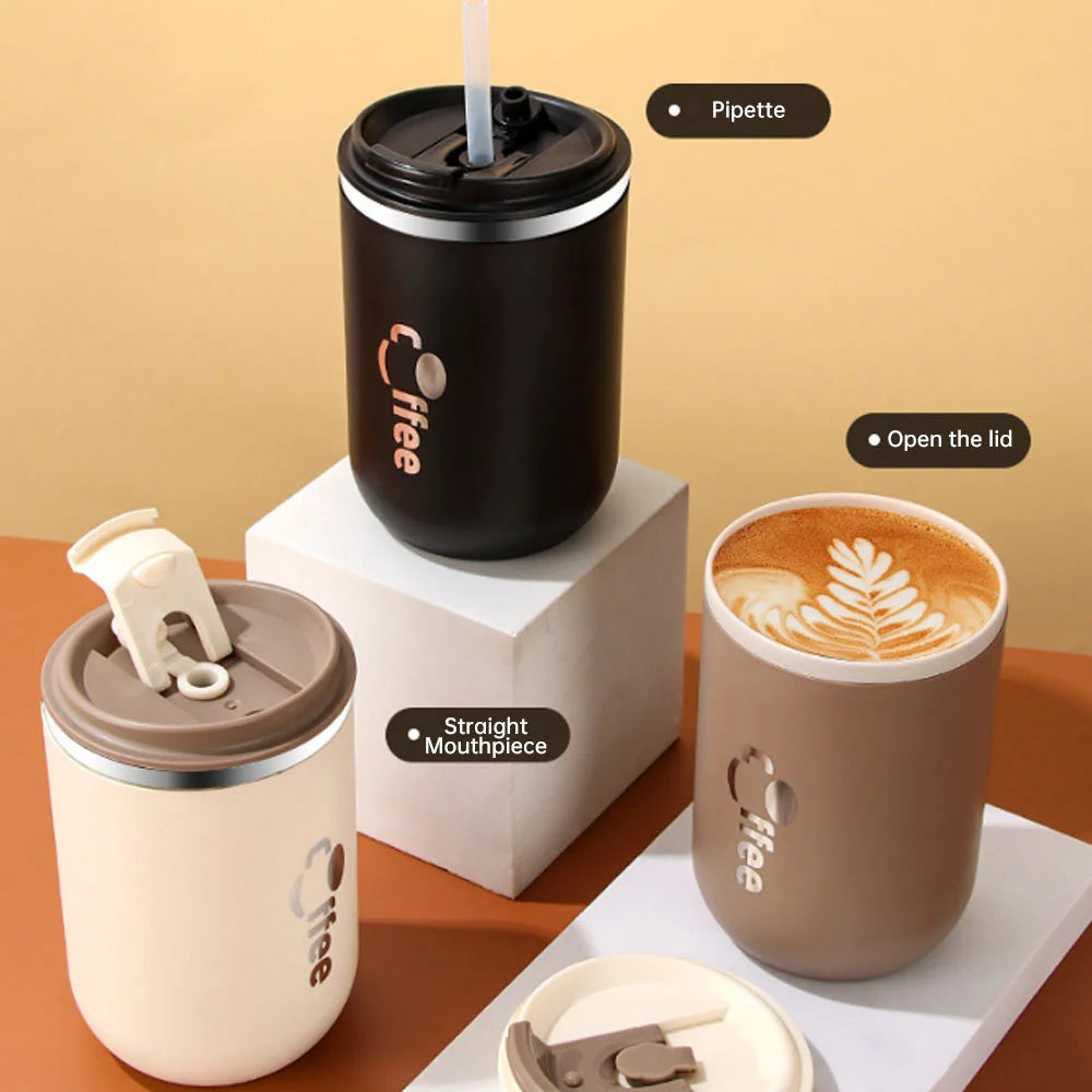 500ml Thermos Coffee Cup Stainless Steel Double Wall Vacuum Thermos Coffee Mug with Straw Coffee Flask Tumbler for Travel