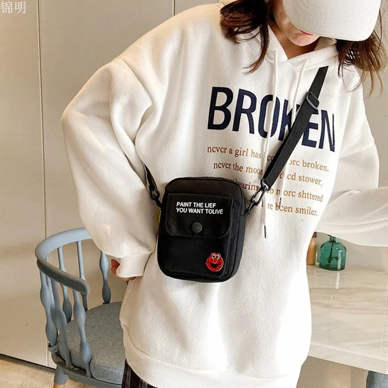 Fashion Single Shoulder Bag For Women Casual Canvas Handbag Outdoor Girl Student Phone Messenger Bag Zipper Crossbody Bag Purse